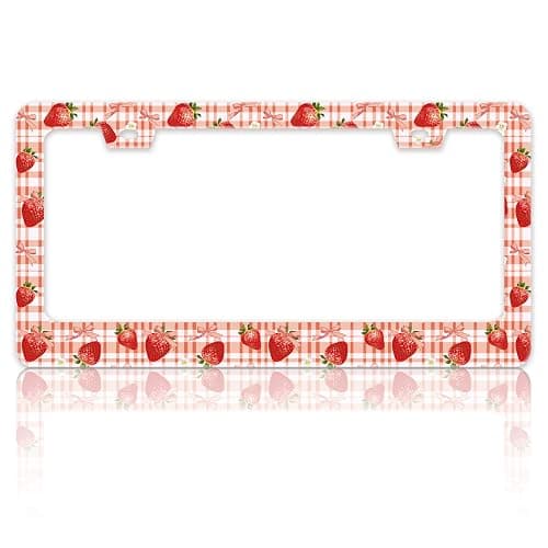 Strawberry License Plate Frame Stainless Steel Fruit Bow License Plate Holder for Front and Rear Car Tags Funny for Car Decoration Accessories with Screws 6.3 X 12.2 in for Women Men - Image 1