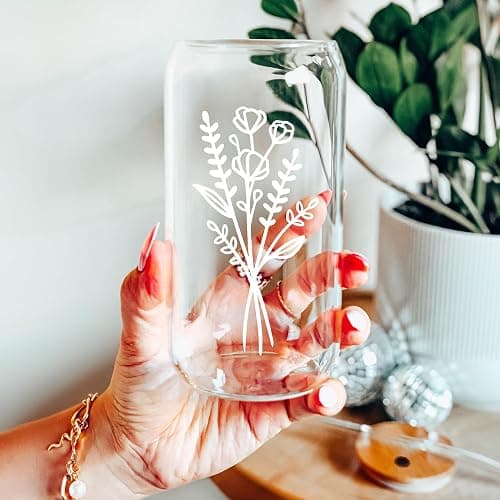 Cute Glass Cups with Lids and Straws, Aesthetic Iced Coffee Cup, Flower Mugs, Personalized Tumbler with Straw, Birthday Gifts for Women Friend Sister Her Coffee Lover Bridesmaid Stuff Christmas thumbnail 2