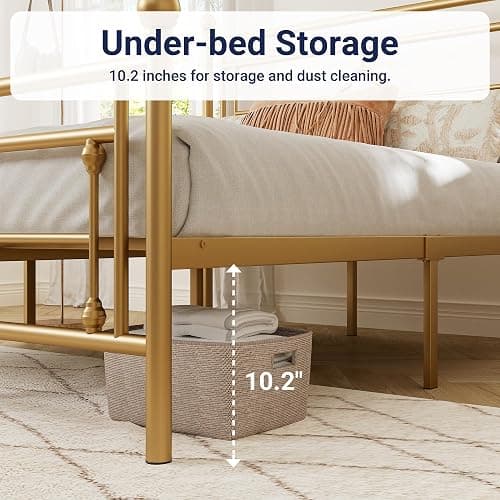 Allewie Full Size Metal Platform Bed Frame, Victorian Headboard, Gold | Heavy Duty Metal Slats Support, Mattress Foundation, Under Bed Storage, No Box Spring Needed, Noise-Free, Easy Assembly thumbnail 5