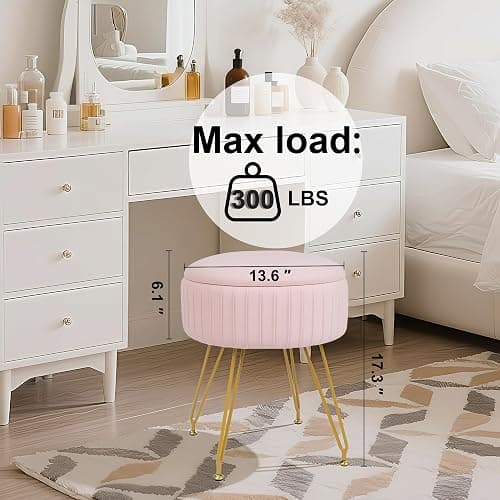 xupersodys Round Vanity Stool with Storage Ottoman, Vanity Chair for Makeup Room with Removable Cover, Small Footrest Ottoman for Home, Living Room, Bedroom (Pink) thumbnail 3