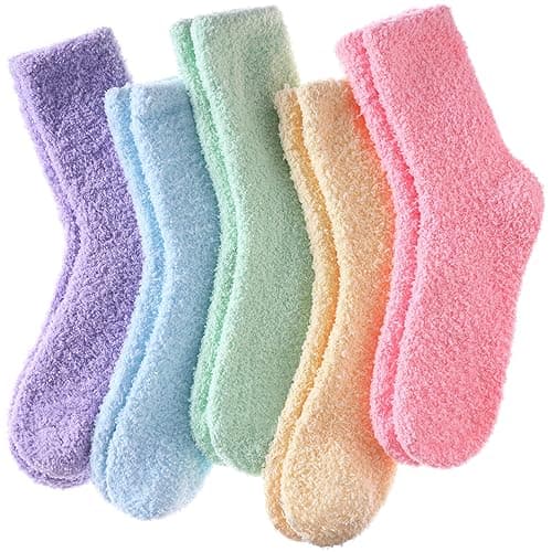 LINEMIN Womens Fuzzy Socks Cozy Fluffy Winter Warm Slipper Socks Microfiber Soft Home Sleeping Socks - One Size - 5 Pack Soild Color B