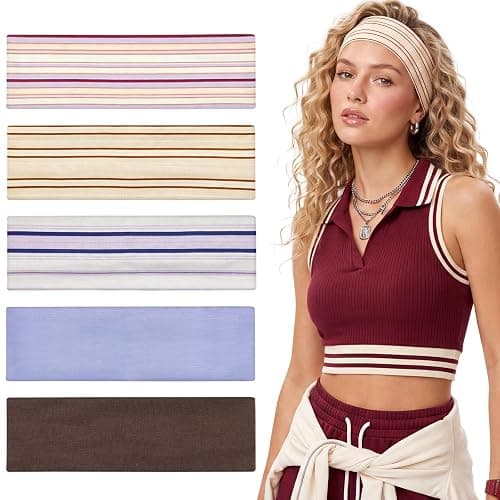 Needbrock 5 Pack Striped Sports Headbands for Women, Soft Elastic | Elastic Hair Bands,Workout Headbands, Cotton Blend, Workout and Daily Wear, Fits Most Hair Types,Retro Hair Accessories - Image 1