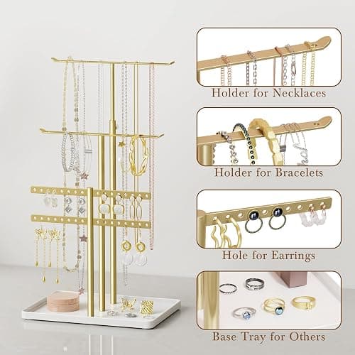 susswiff Jewelry Holder Organizer Stand - Adjustable Jewelry Tree 17.5" Height (Max), Jewlery Hanger for Necklaces, Bracelets, Earrings, Aesthetic for Storage and Display, Metal, Gold and White thumbnail 5