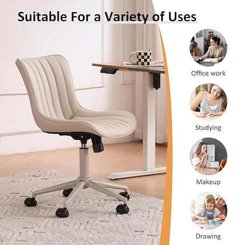 YOUNIKE Cream Home Office Desk Chair with Wheels Armless Compact Comfy Vanity Chair with Adjustable Back Modern Small Leather Upholstered Rolling Swivel Cute Computer Task Sewing Chair No Arms thumbnail 8
