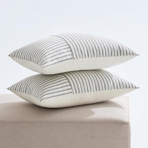 MIULEE Grey and Beige Patchwork Farmhouse Pillow Covers 12x20 Inch, Pack of 2 Striped Linen Decorative Modern Accent Pillow Cases for Sofa Couch Bedroom thumbnail 2