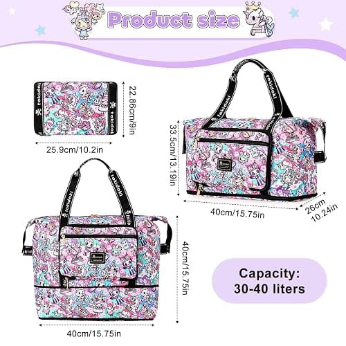 tokidoki Travel Duffle Bag,Carry-On Weekender Bag with Toiletry Bag | 40L Large Capacity，Adjustable Shoulder Strap, Front Zip Pockets,Waterproof overnight bag for gym, sports, hospital stays thumbnail 2