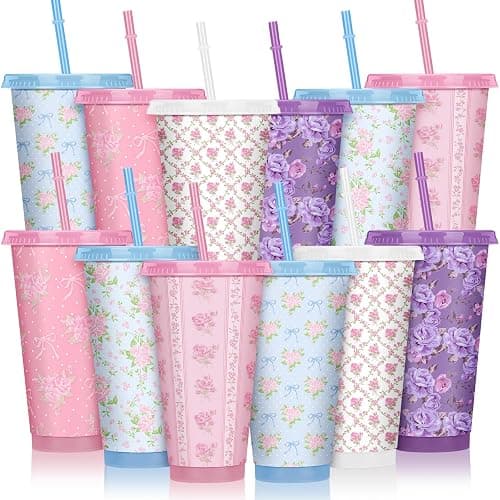 Zhehao 12 Pack Bow Floral Cups Plastic Coquette Bow Straw Tumblers Cold Cups with Lids and Straws Bulk for Iced Coffee 24 oz Reusable Travel Mug Cup Gifts for Girl Women Mom Adults - Image 1