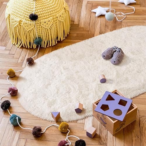 Goideal Fluffy Bedroom Rug, Small Oval Area Rugs, Cream Shag Bedside Carpet for Kids Room Nursery Dorm Cute Fuzzy Indoor Decor for Boy and Girl, 2.6 x 5.3 Feet thumbnail 5