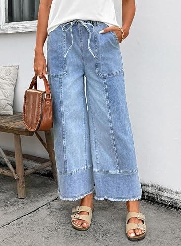 SHEWIN Women's Wide Leg Jeans High Waisted Baggy Jeans Stretchy Drawstring Denim Pants thumbnail 2