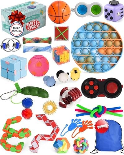 FrenchWay Fidget Toys Pack – Lot de Jouets Anti Stress pour Enfants et Adultes – Objets Satisfaisants pour Evacuer le Stress et Booster la Concentration – Pop It Balle Anti-Stress Main Collante Inclus - Image 1