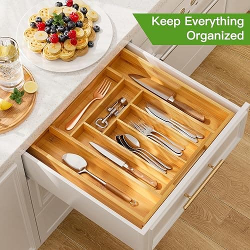 Pipishell Bamboo Expandable Drawer Organizer for Utensils Holder, Adjustable Cutlery Tray, Wood Drawer Dividers Organizer for Silverware, Flatware, Knives in Kitchen, Bedroom, Living Room(M-N) thumbnail 3
