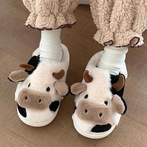 Nackiy Cow Slippers for Women & Men, Cute Animal Fuzzy Slides, Soft Cotton Plush Indoor Outdoor Shoes for Bedroom Living Room House thumbnail 3