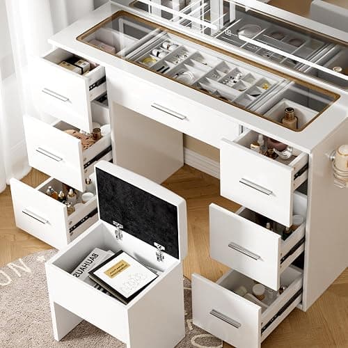 VALONDINO Makeup Vanity Desk with Power Outlet, 46'' Glass Top Vanity Set, 7 Drawers Vanity Table with Cushioned Stool, 3 Lighting Modes Brightness Adjustable,White thumbnail 5