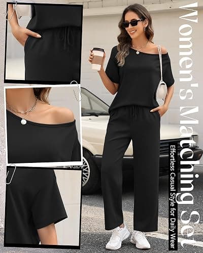 JoyMotion Women’s 2 Piece Lounge Sets Off Shoulder Oversized Matching Outfit Short Sleeve Tops Casual Wide Leg Pant Set thumbnail 3
