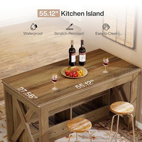Tribesigns Kitchen Island with Storage and Seating, 55" Farmhouse Stationary Island Table, Wooden Kitchen Bar Table with 2 Drawers and Open Shelf, Brown thumbnail 8