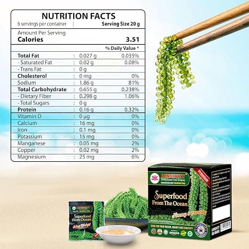 Longevity Dehydrated Sea Grapes, 4.23 oz of 6 packs, Umibudo Green Caviar, Lato Seaweed, Precious Gift From The Sea | Enhance Health, Boosting Immune System. thumbnail 3