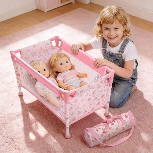 Baby Doll Crib for 12-18 Inch Dolls, Chyyeerkidd Pack and Play Pink Floral Baby Doll Bed with Carry Bag, Travel-Friendly Reborn Baby Doll Accessories for Girls Ages 3+, Easy Assembly (White) thumbnail 2