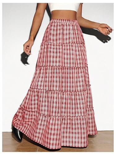 SHENHE Women's Plaid Maxi Skirt High Slit A Line Flowy Tiered Ruffle Y2k Vintage Long Skirt thumbnail 3