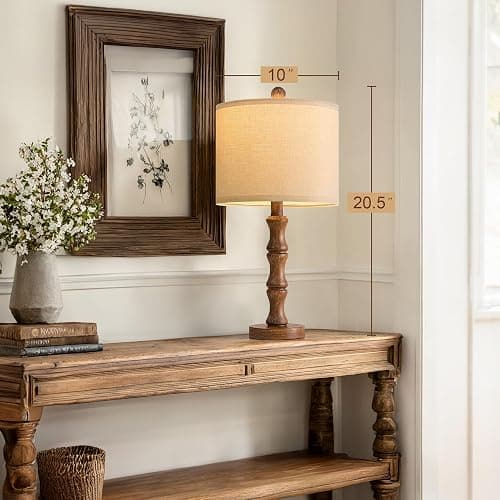BOBOMOMO 20.5" Rustic Table Lamps Set of 2, Farmhouse Nightstand Lamp with Wood Grain Resin Base & Linen Shade, Small Bedside Lamp for Bedroom, Living Room & Apartment Décor- Ideal for Small Spaces thumbnail 3