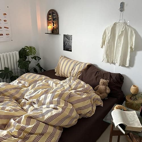 MKXI Queen Size Reddish-Brown & Yellow Striped Duvet Cover Set - 3 Piece Vintage Aesthetic Bedding Set, Cotton, Minimalist Design, Soft & Breathable Duvet Cover with Zipper Ties thumbnail 3