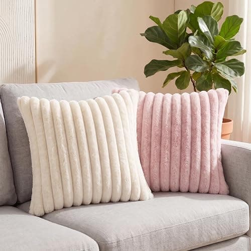 MEGAYES Pack of 2 Throw Pillow Covers 18x18 Decorative Solid Plush Faux Fur with Soft Velvet Back, Square Striped Cushion Cases Modern Farmhouse Home Decor for Living Room Couch Sofa Bed Cream White thumbnail 8