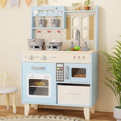 BIERUM Play Kitchen w/Realistic Lights, Sounds, Pretend Play Set for Kids | Interactive Wooden Kitchen with Coffee Maker & Microwave, 24 Pcs Toy Food & Cookware Accessories, Toddlers Gift for Ages 3+ - Image 1