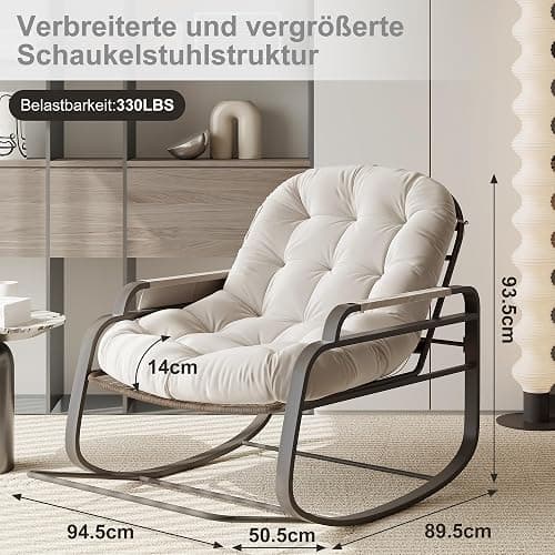 BHFFTHK Schaukelstuhl mit fußablage, Schaukelstuhl für drinnen & draußen, Schaukelsessel Wohnzimmer Relaxstuhl mit gepolsterter, bis 150 kg Belastbar für Garten, Wohnzimmer, Beige (Beige-C) thumbnail 2