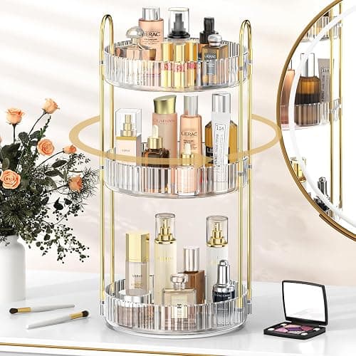 MOKANI 360 Rotating Makeup Organiser, 3 Tiers Spinning Skincare Organiser, Multi-Function Make Up Storage, Large Capacity Cosmetic Perfume Stand for Vanity, Bathroom and Bedroom - Transparent - Image 1