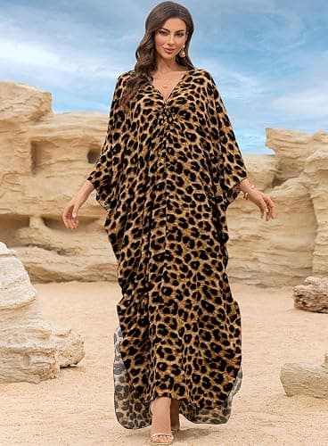 Yanziliu Women Kaftan Dresses Plus Size V-Neck Batwing Sleeves Beach Cover Up 2025 Summer Floral Print Caftan Dress thumbnail 2