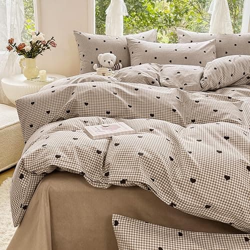 Freyamy Housse de Couette 200x200cm+2 Taie d'oreiller 65x65cm Coeur Plaid Kaki Marron Parure de lit 2 Personnes Adulte Motif du Cœur Sets de Housse Couette en Microfibre avec Fermeture Éclair - Image 1