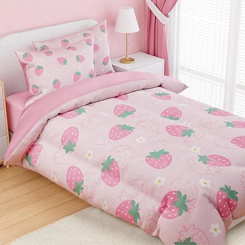 SANDJEST Strawberry Comforter Set Twin Size 68x86in for Kids Girls, Microfiber 3 Pcs Bedding Set Includes 1 Comforter, 1 Pillowcase, 1 Fitted Sheet, Nursery Room Decor thumbnail 5