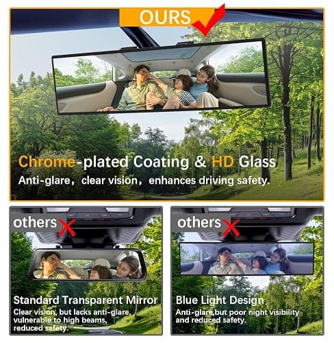 HmmtyRack Panoramic Car Rear View Mirror Universal Extender Convex 12 Inch | Chrome Anti-glare Clip on Mirrors Wide Angle Large Rearview Mirror Interior Accessory to Reduce Blind Spot for Car SUV Trucks thumbnail 4