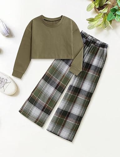 Gaupafmb Girls Clothes Solid Long Sleeve Tops Plaid Wide Leg Pants with Pockets Girls Outfits Size 6-14 - 7-8 Years - Green thumbnail 6
