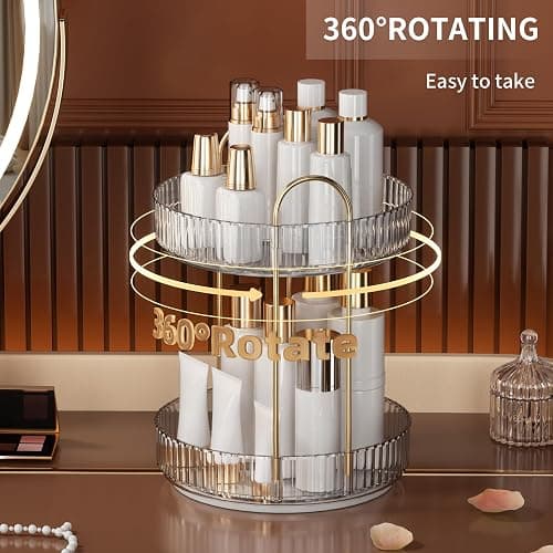 YCIA&DONE 360 Rotating Makeup Organizer and Storage for Vanity Bathroom Countertop, High Capacity Cosmetic Skincare Perfume Organizers for Dresser Lazy Susan (Clear White,2 Tiers) thumbnail 3