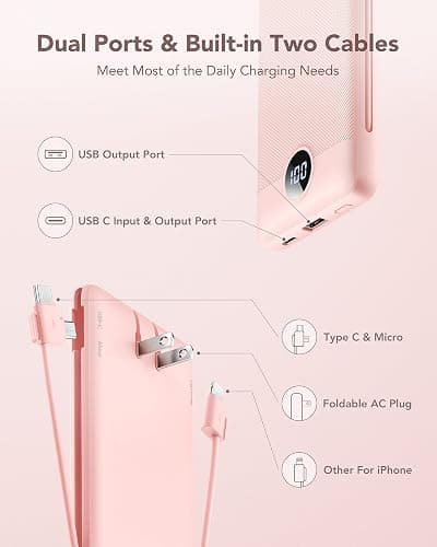 VRURC 10000mAh Portable Charger with Built-in Cables and AC Wall Plug Ultra Slim Power Bank USB C Phone Charger 5 Output 2 Input External Battery Pack LED Display Compatible with All mobilephone-Pink thumbnail 2