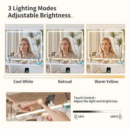 BonVache Dressing Table with LED Mirror, Vanity Desk with 3 Lighting Colours Mirror and Power Strip, Makeup Table Storage Set for Bedroom with 2 Drawers, 9 Open Shelves and Hair Dryer Holder, White thumbnail 5