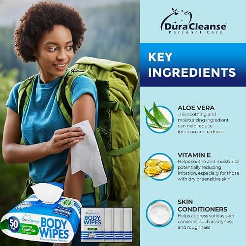 Dura Cleanse Body Wipes for Adults No Rinse Bathing (2 Pack) 100 XL Shower Cloths + 8 Travel Sheets – 10" x 11.5" Thick Disposable Washcloths for Camping & Elderly Care thumbnail 4