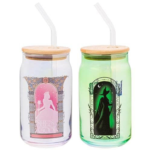 Silver Buffalo Wicked Featuring Elphaba and Glinda She's So Good and Don't Hide Your Magic 2 Pack Glass Jar Tumbler with Bamboo Lid and Glass Straw, 16 Ounces - Image 1