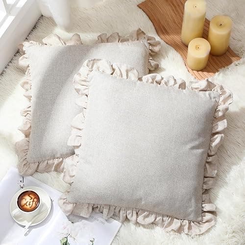Fiwochic Set of 2 Cream White Ruffle Throw Pillows with Inserts Decorative Linen Zippered Pillows 18 x 18 Inch Include Detachable Pillowcase and Non Woven Fabric Inserts for Cushion Bed Couch Sofa thumbnail 2