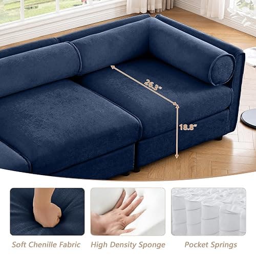 HUMEHA Oversized Modular Sectional Sofa, 142.5" Chenille U-Shaped Sofa with Cylindrical Backrest & Armrest, Modern Comfy 4-Seat Sofa with 2 Ottoman, Upholstered Deep Seat Couch for Living Room, Blue - 4-Seat + 2 Ottoman - Blue thumbnail 4
