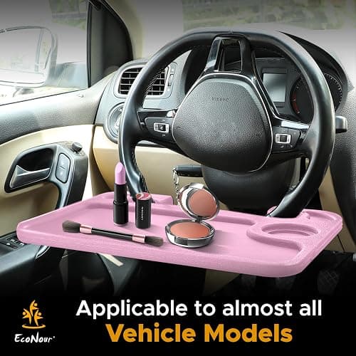 EcoNour 2 in 1 Car Steering Wheel Desk | Steering Wheel Tray for Laptop and Food | Pink Table Tray for Eating with Drinks Holder | Car Accessories thumbnail 7