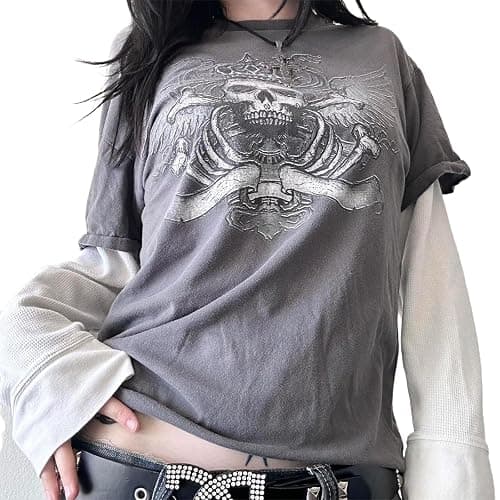 Y2k Fairy Grunge Graphic Long Sleeve Tees Tops Women E-Girls Aesthetic Gothic Skull Print Baggy T Shirts Emo Clothes - Image 1