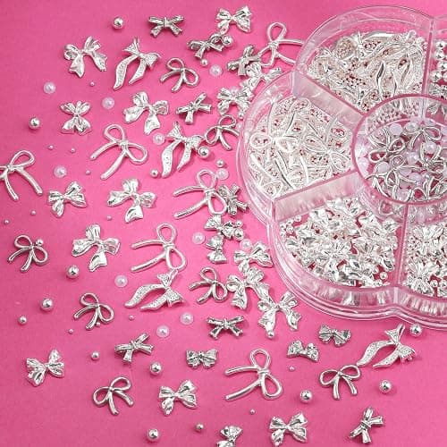 3D Metal Alloy Nail Bows Kit - Silver & Gold Bowknot Charms with 1-3mm Mini Caviar Beads, Tweezers, Pickup Pencil, Cute Nail Charms and Gems Jewelry in Petal-Shaped Box (Silver-kit-1) thumbnail 7