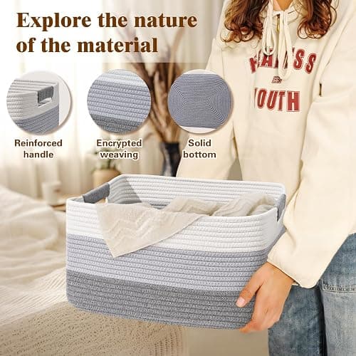 2 Pack Large Storage Basket for Organizing, 17.5"x13.5"x7.5" Woven Basket for Shelves, Closet Cube Storage Bins with Wrapped Handle, Cotton Rope Baskets for Kitchen, Clothes, Toys(Gradient Grey) thumbnail 4