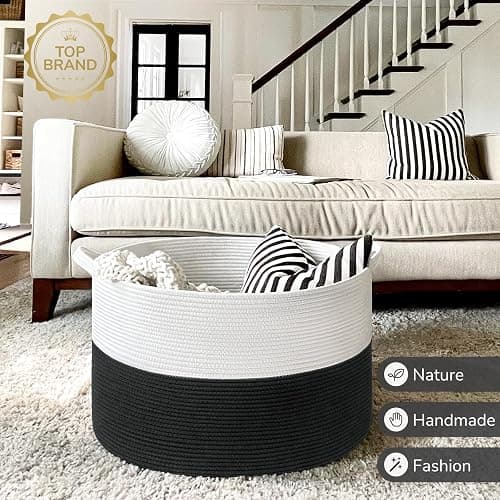 INDRESSME Large Cotton Rope Baskets for Storage, 21.7 x 13.8 Blanket Storage for Living Room Toy Baskets Kids, Baby Laundry Basket for Dirty Clothes, Pillows, 90L White & Black - White & Black - 21.7"D x 13.8"H thumbnail 7