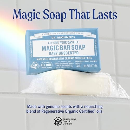 Dr. Bronner's Pure-Castile Magic Bar Soap (Baby Unscented, 5 oz, 6-Pack) - Made with Regenerative Organic Certified Oils, For Face, Body & Hair, Gentle for Sensitive Skin - Vegan, Non-GMO thumbnail 2