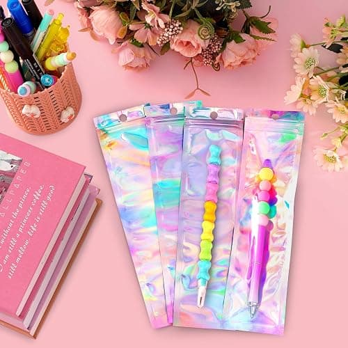 FUNFERY 100 Pack Holographic Bags Clear Window Resealable Bags for Candy Party Favor, Mylar Zipper Bag Stripping Foil Pouch Packaging Bag for Pen,Jewelry,Brushes Small Business Supplies(2.7x9in) thumbnail 2