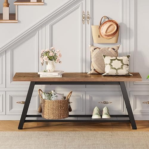 Oastreeful Storage Bench Industrial Rustic Wooden and Metal Entryway Shoe Boots Storage Rack Long Bench Seat for Hallway Bedroom Retro Brown Farmhouse Style thumbnail 3