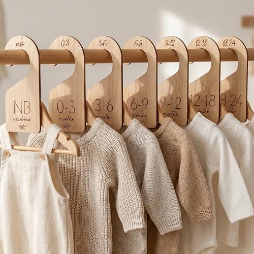 Beautiful Wooden Baby Closet Dividers Set of 7 - Newborn to 24 Months | Double-sided Nursery Hanger Dividers Easily Organize Your Little Girls or Boys Room Clothes by Size - Image 1