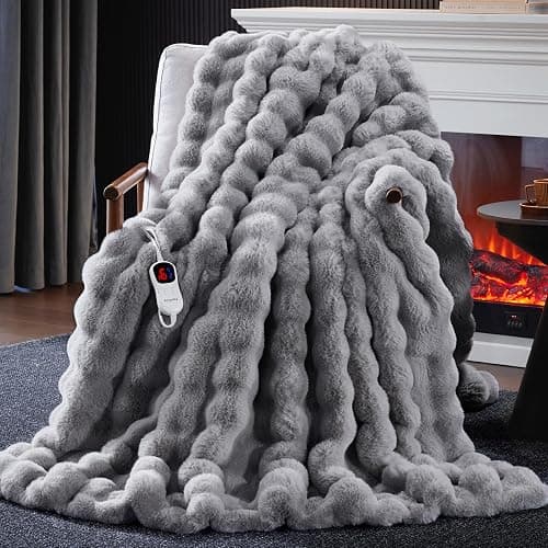 Anysay Heated Blanket Throw with 1/2/4/6/8 Hours Auto-Off 10 Heat Level, 50'' * 60'' Cozy Faux Rabbit Fur Bubble Electric Blanket with Overheat Protection(Light Grey) - Image 1